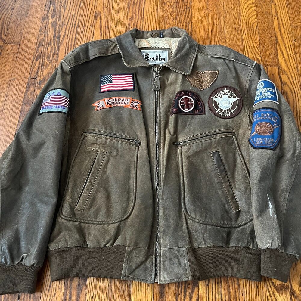 Exceed Leather Bomber Jacket Faded Brown Patches Mens XL Vintage Military Flight